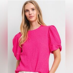 Sz Medium Puffy sleeve boho textured knit sweater top In pink and also in cream—